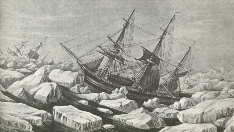 Erebus and Terror am riding out a tempest in packisen wonder Ross second travel 1842 to Antarctic Continent